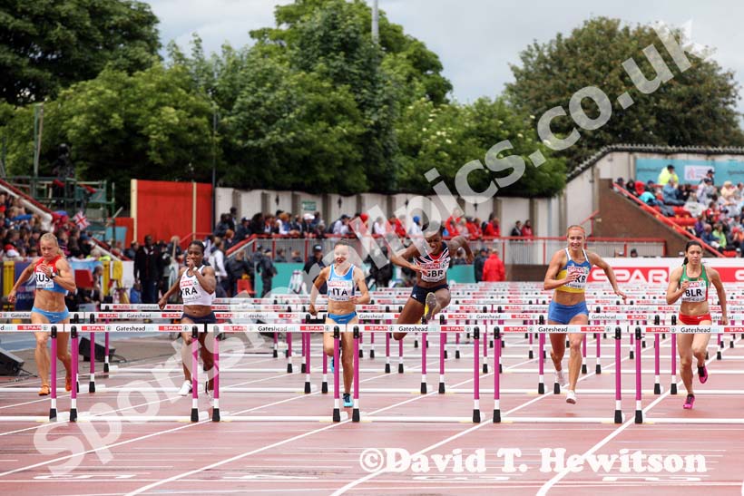 Tiffany Porter (GB) wins the 100 metres hurdles at the European Athletics Team Championships.
